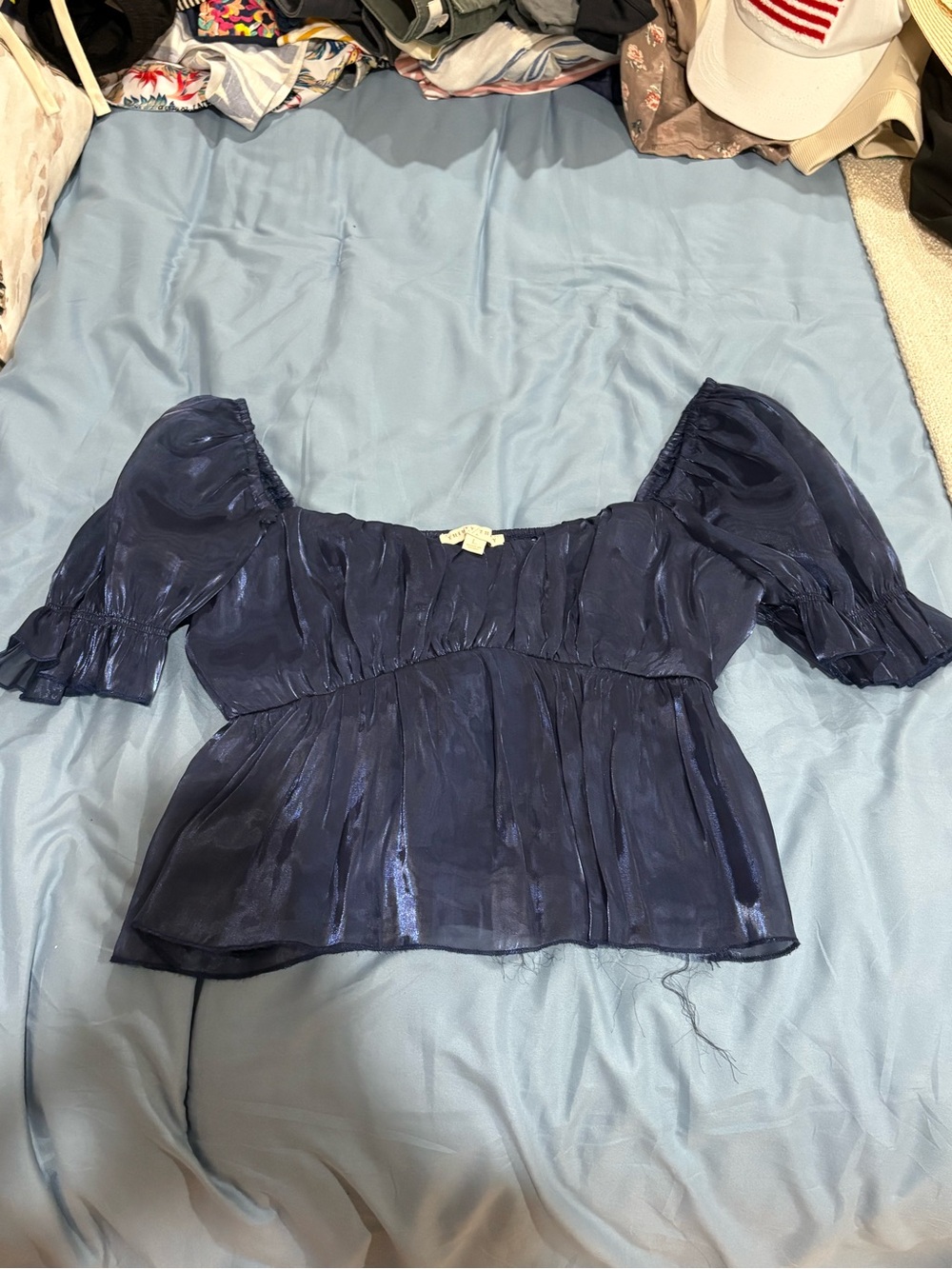 Women’s Shimmery Navy Puff-Sleeve Peplum Blouse